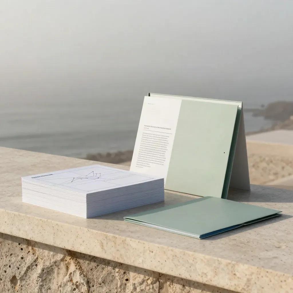 Audit kit box with cards, dividers and folders in coastal fog on travertine, lit by soft dawn