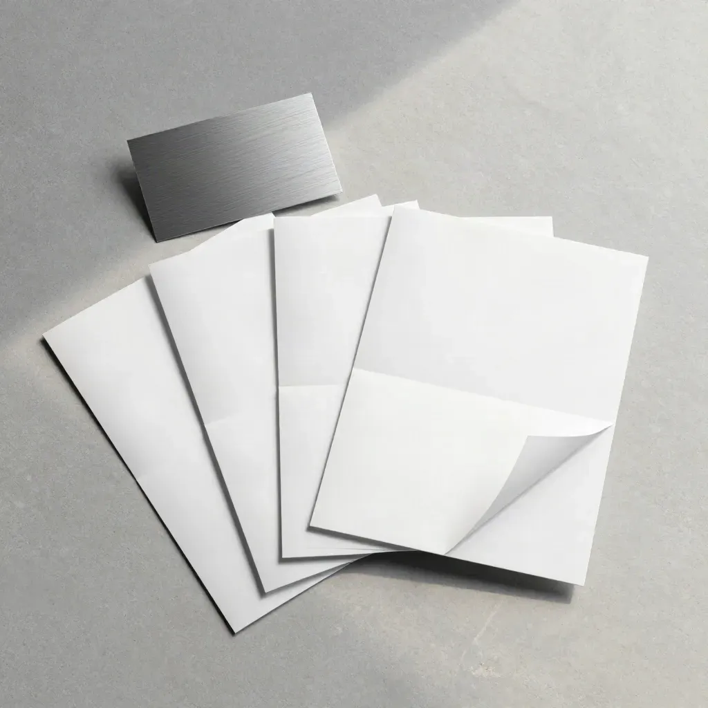 Overhead flatlay of blank landing page mockups and paper templates on pale concrete