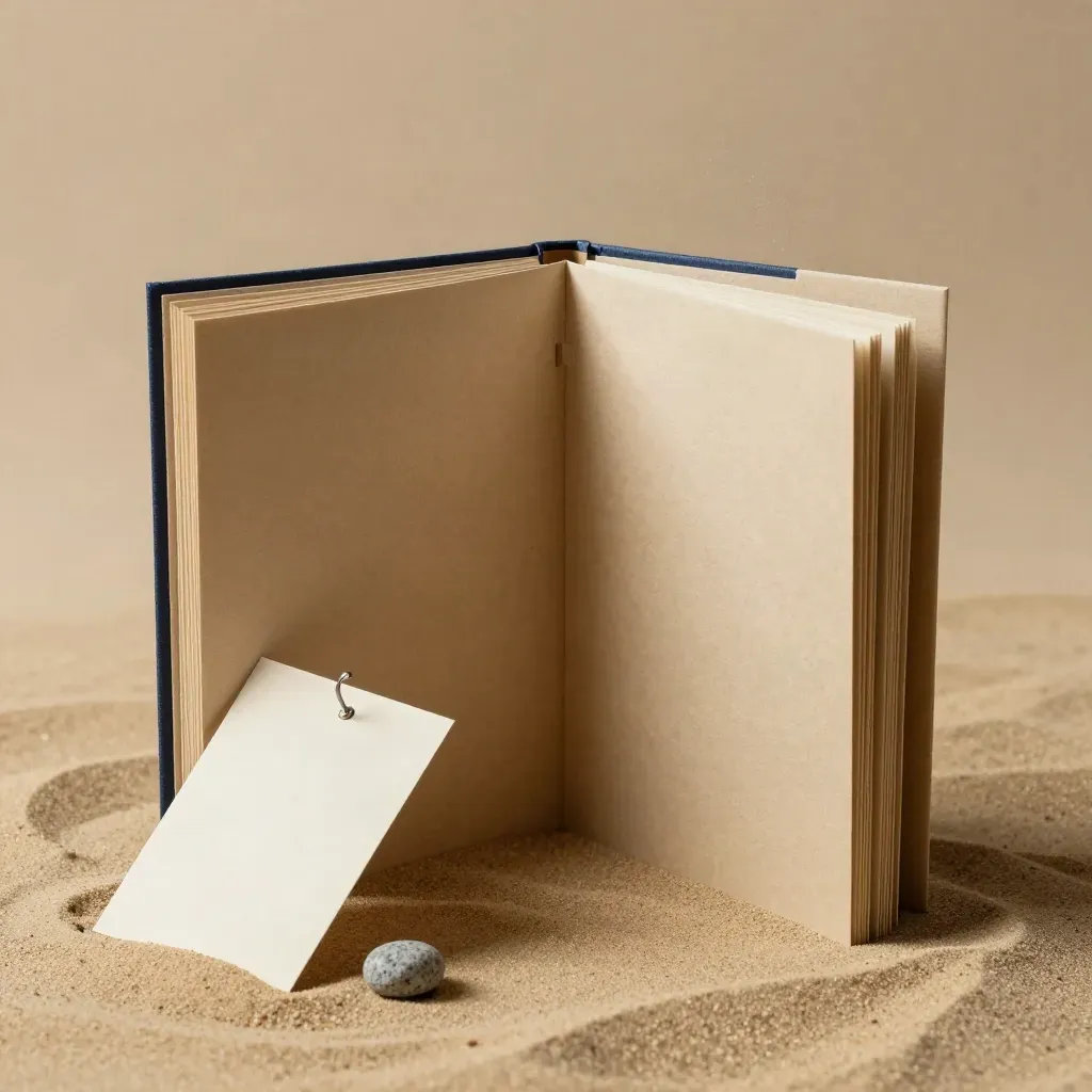 Matte SEO audit dossier with tabs, blank cards, and a stone paperweight on sand