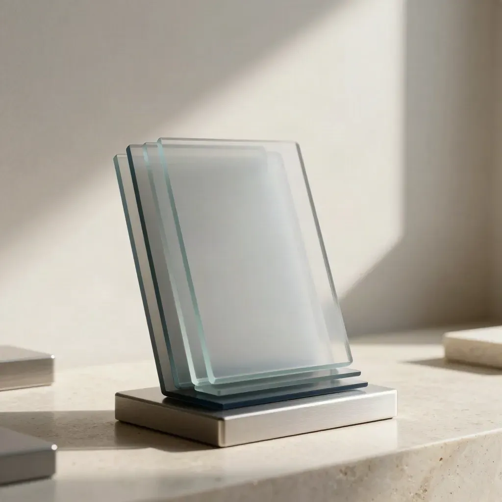 Macro hero of a translucent analytics dashboard sculpture on travertine with soft navy accents.