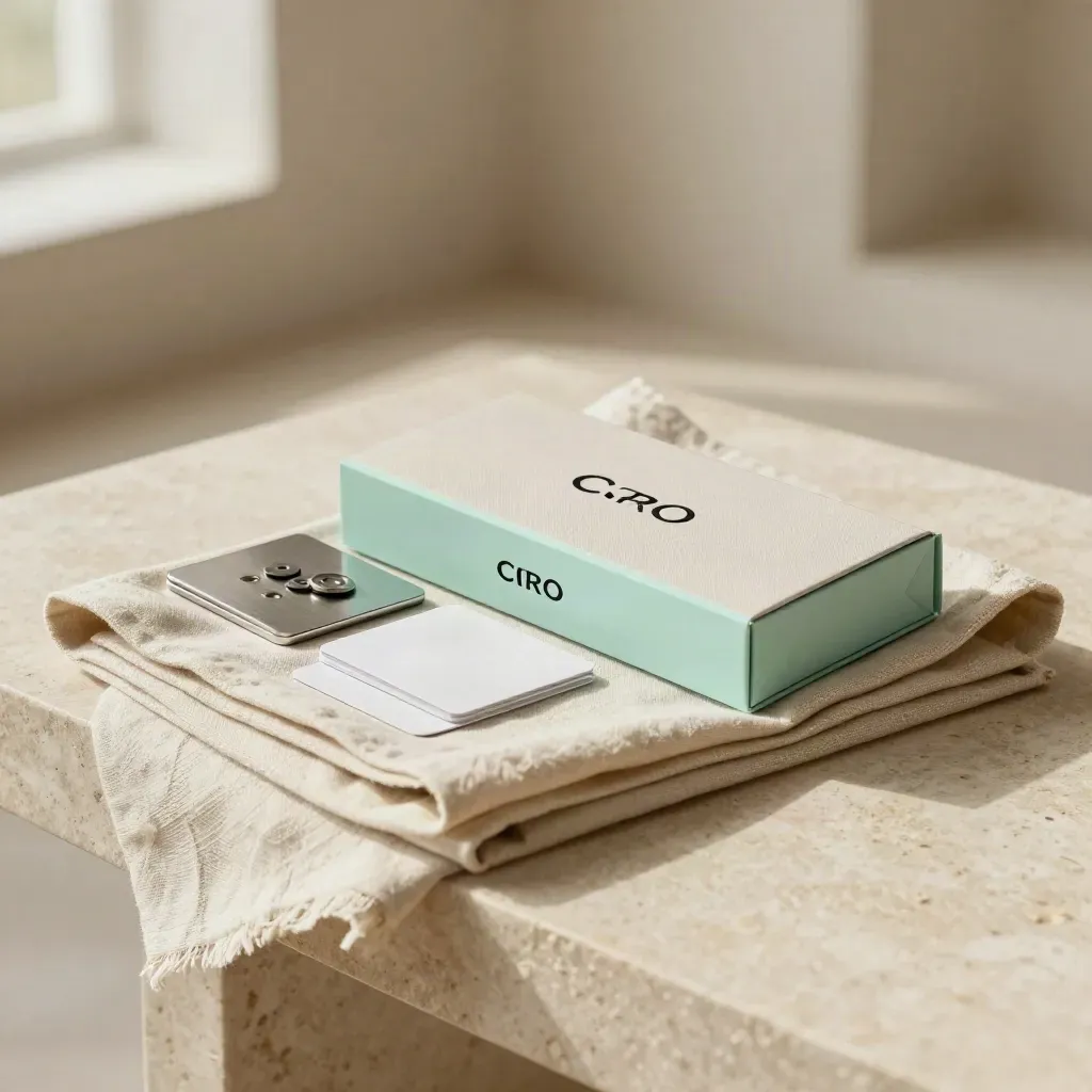 CRO test kit half-unboxed in folded linen with sample cards, clips, and a brushed divider.