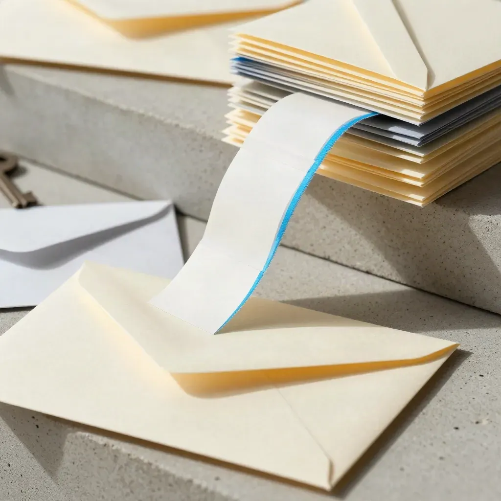 Unbranded paper envelopes and folded cards cascade diagonally across pale concrete with blue accents.