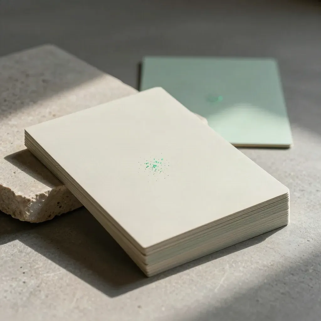 Low-angle stack of blank SEO cards on rough limestone with pins and a lifting top card.