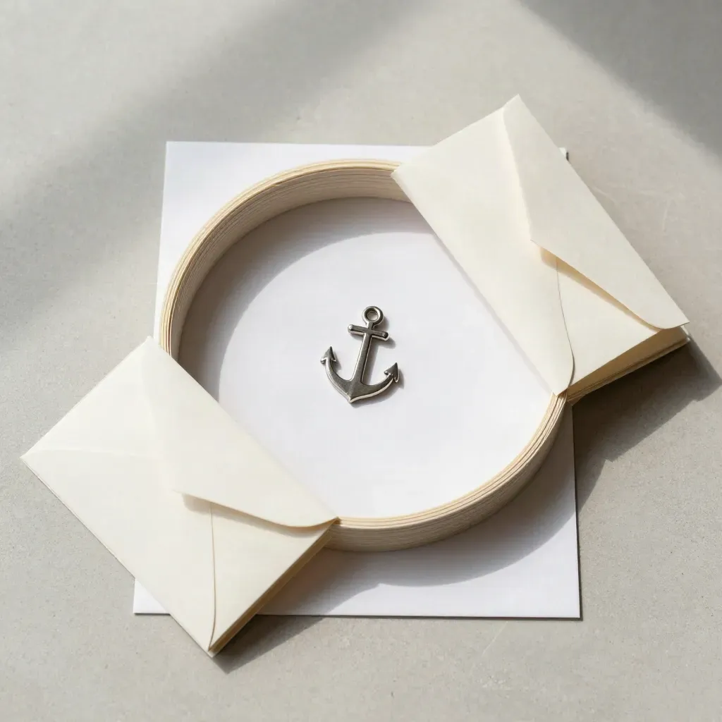 Overhead circle of folded cards, clasped packet, and anchor weight on pale concrete.