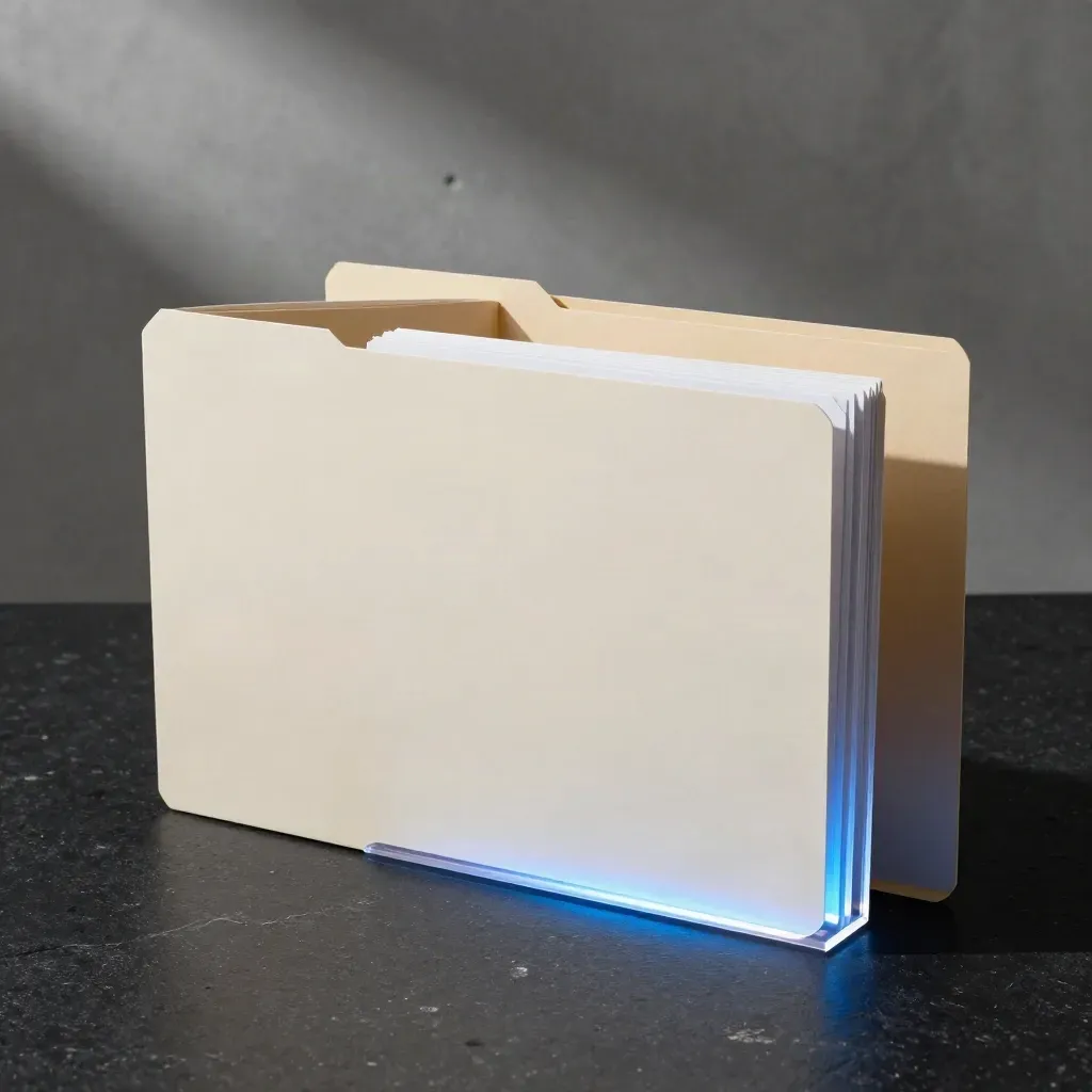 Electric-blue campaign folders and a glowing acrylic block on a dark studio surface