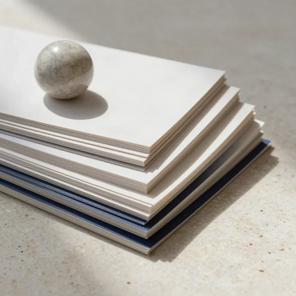 Overhead macro of layered blank content cards and a stone paperweight on pale travertine.