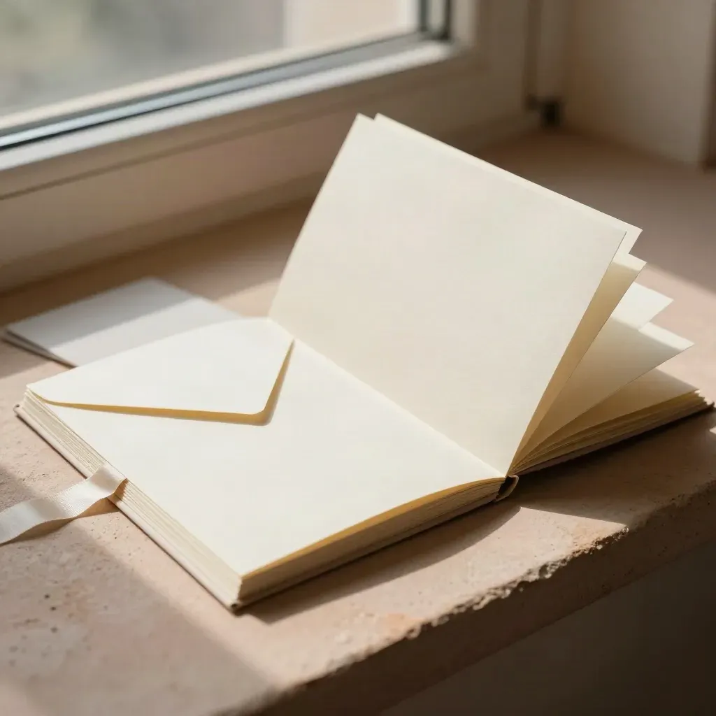 Half-open blank booklet kit with envelope and ribbon on warm plaster in soft daylight