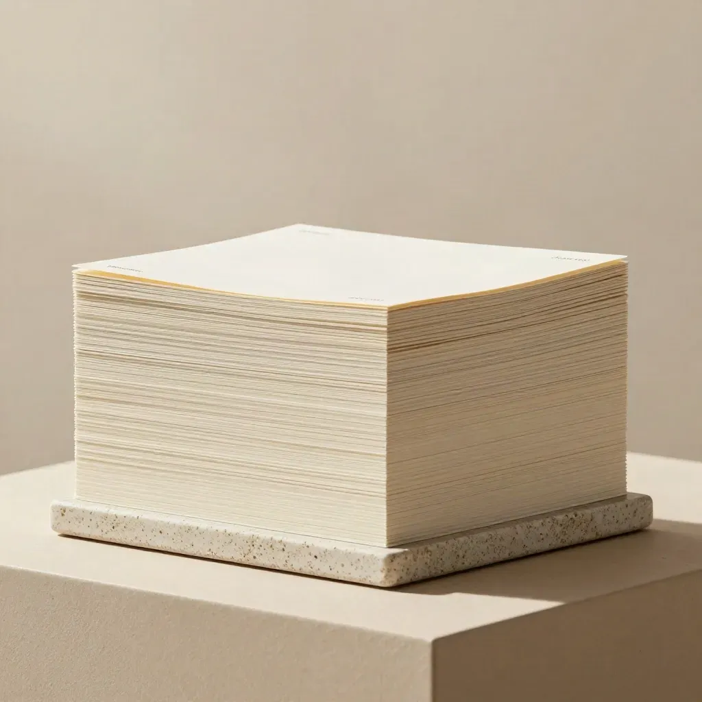 Stepped ivory local-page cards rise on a travertine pedestal with soft studio light.