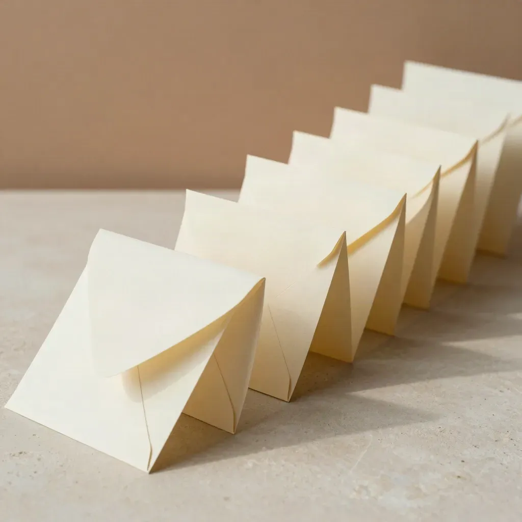 Curved blank paper email-flow forms on limestone, lit with raking daylight and mint accents.