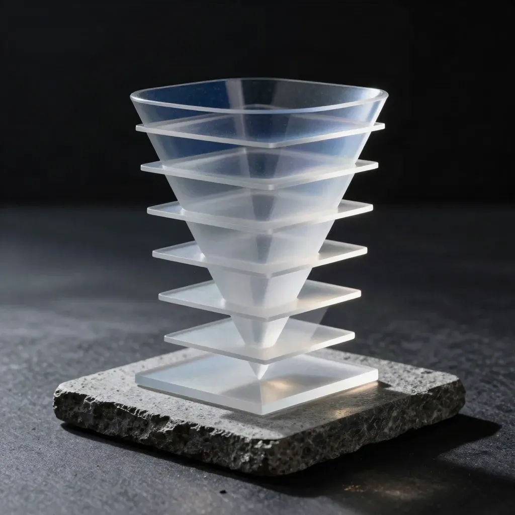 Translucent acrylic funnel steps on a stone plinth in moody studio light