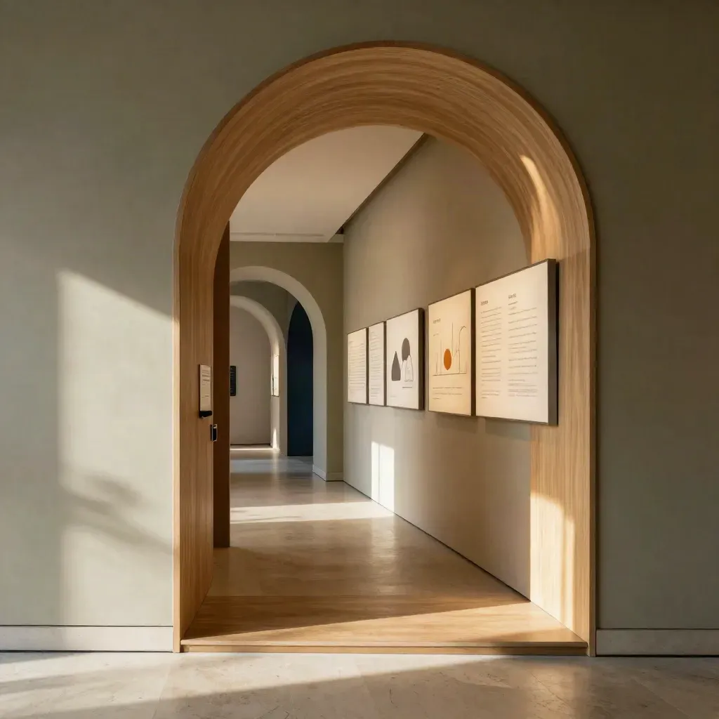 Sunlit oak gallery interior with arched corridor and calm stone floor for copy.